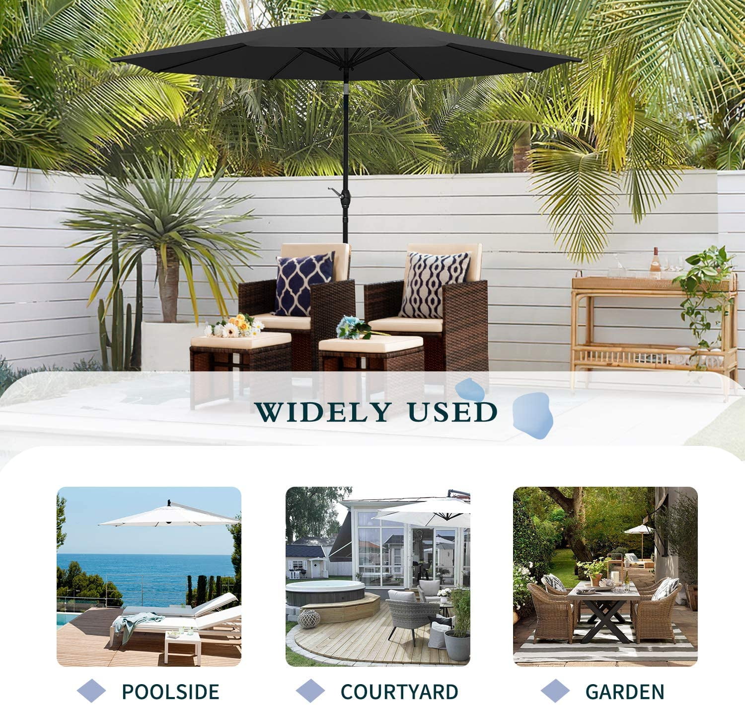 Vineego 5 Pieces Wicker Outdoor Patio Furniture Set Patio Chairs with Umbrella and Ottoman (Black)
