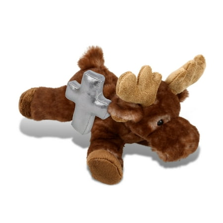 DolliBu Brown Lying Moose Stuffed Animal with Silver Cross Plush – Religious Baby Baptism Gifts for Boys and Girls Dedication Christening Gifts Plush Prayer Toy Healing Stuffed Animal – 9 Inches
