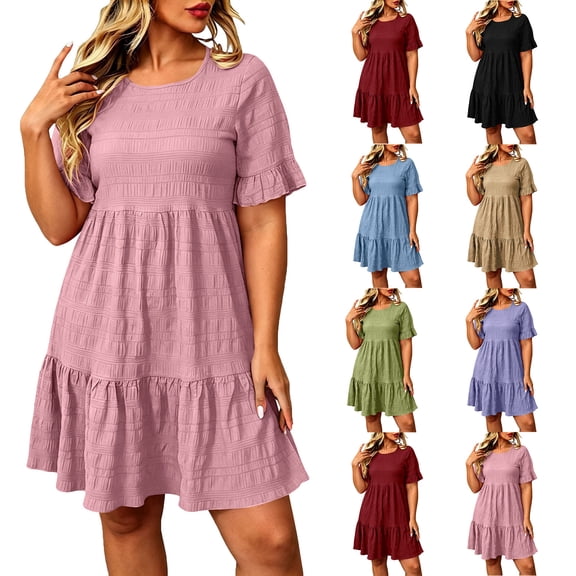 Admvng Womens Plus Size Casual Tiered Ruffle Dress Short Sleeve Round Neck Textured Summer Everyday & Vacation Dress