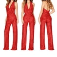 thumbnail image 4 of Women's Sequin Jumpsuit, Cowl Neck Halter Backless Romper, Sleeveless Wide Leg Jumpsuit for Women, Glittery Party Wear, Club Outfit, Prom Dress, Date Night and Special Occasions-Red, 4 of 5