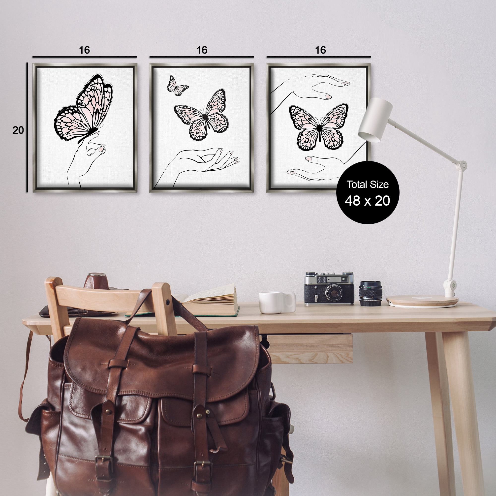 Stupell Industries Hands with Butterflies Animals & Insects Painting Gray Floater Framed Canvas Art Print Wall Art, 17 x 21, Set of 3