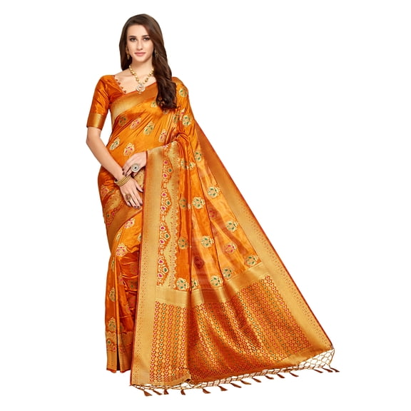 Sarees for Women Banarasi Art Silk l Tradional Indian Wedding Diwali Gift Sari with Unstitched Blouse Yellow