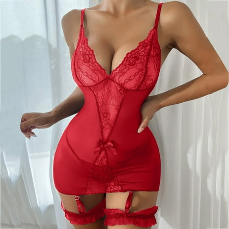 GZWYHT Lingerie for Women Clearance Babydoll Lingerie Women Fashion Floral Lace Bodycons With Thong Women Costumes Red Lace Lingerie Dress Sexy Lingerie Nightgowns for Women  Red S