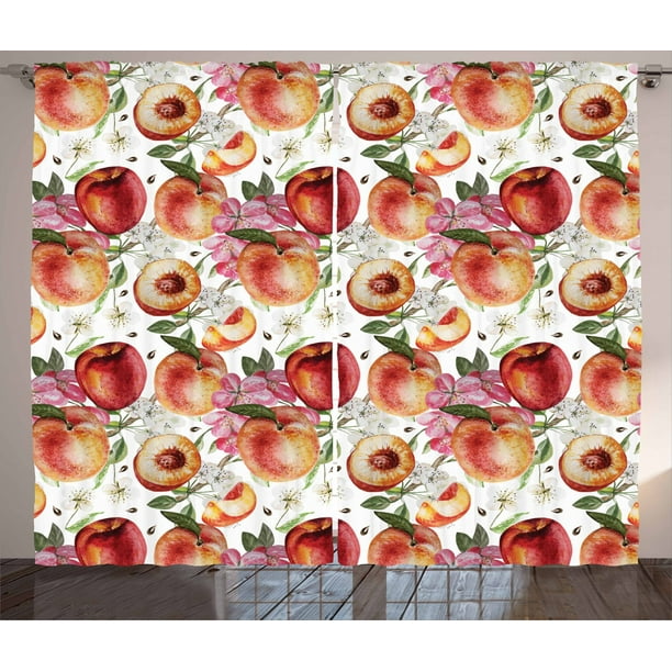 Peach Curtains 2 Panels Set, Exotic Lively Summer Yard Theme with Ripe