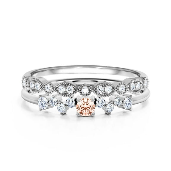 ZigZag Style 1.10 Carat Round Cut Morganite And Diamond Moissanite Unique Style Engagement Ring, Slim Ring, Wedding Ring in 10k Solid White Gold, Gift For Her, Promise Ring, Bridal Set, Matching Band