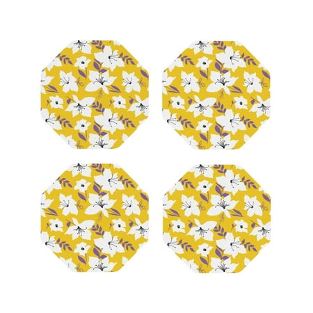 

Coasters Set of 4 - Lilies Flowers Yellow Drink Coasters for Tabletop Protection Leather Coasters for Living Room Decor and Housewarming Gift Octagon