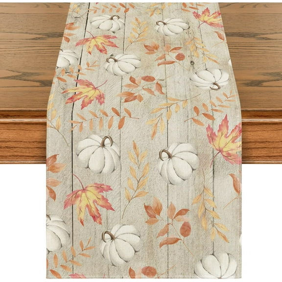 Pumpkins Maple Leaves Beige Wood Fall Table Runner, Seasonal Autumn Kitchen Dining Table Decoration for Home Party Decor 13x90 Inch