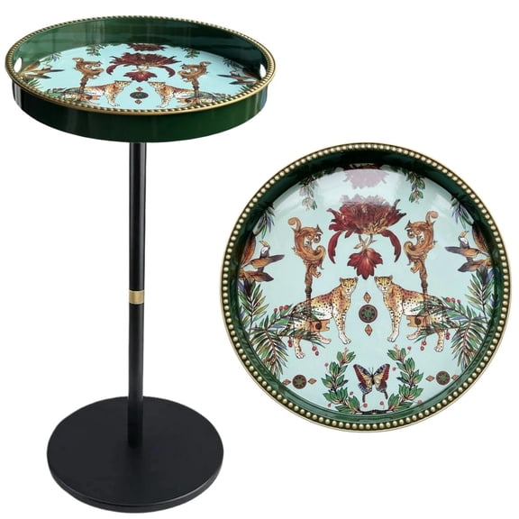 Green Leopard Artistic Tray Top Pedestal Side Table, 13.2 Inch Round