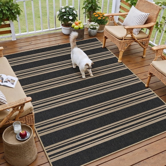 PureCozy Striped Easy Jute Rug 5x7 Outdoor Patio Black Washable Non Slip Office Bedroom Large Carpet Farmhouse Neutral Indoor Outdoor Non S