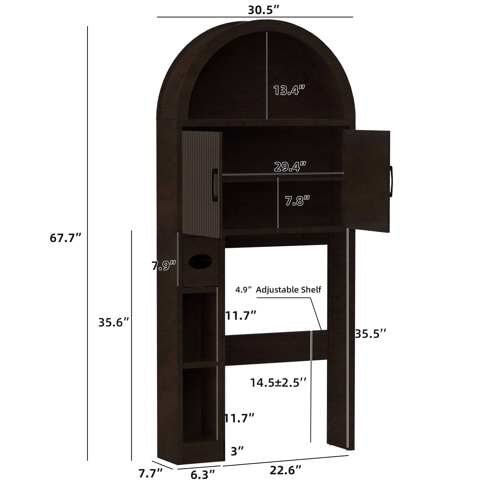 AHB Over Toilet Storage Cabinet with Arc Design, Freestanding Bathroom Organizer with Doors, 7.7"D x 30.5"W x 67.7"H, Coffee Color