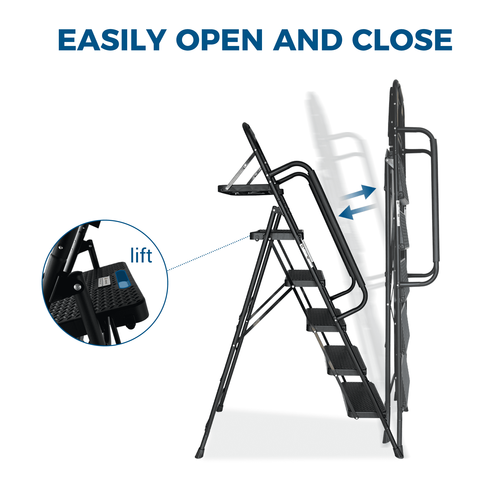 Leumius 5 Step Ladder, Folding Step Stool with Wide Anti-Slip Pedal, Sturdy Steel Ladder with Convenient Handrail, Lightweight, Portable Steel Step Stool for Warehouse