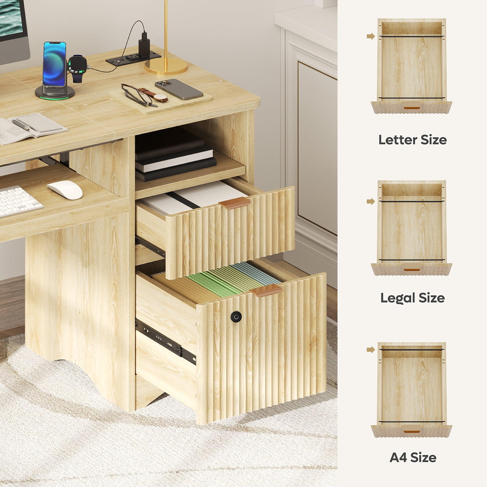 Bestier 55" Home Office Desk with Smart Fingerprint Cabinet Lock, Writing Computer Desk with Power Outlets, Keyboard Tray and Storage Drawers, Log