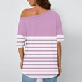 thumbnail image 4 of MIUOWANP T-Shirts for Women Casual Striped Printed Skew Collar Loose Short Sleeve Tops Pink S, 4 of 5