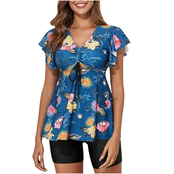 yievot Women's Tankini Swimsuits Ruffled Flowy Tankini Tops with Boy Shorts Swimwear Tummy Control Two Piece Bathing Suits