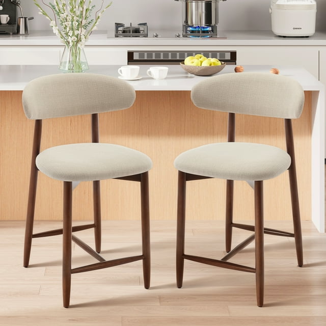 MALOL Mid Century Modern Kitchen Bar Stools Set of 2, Upholstered Beige Seating