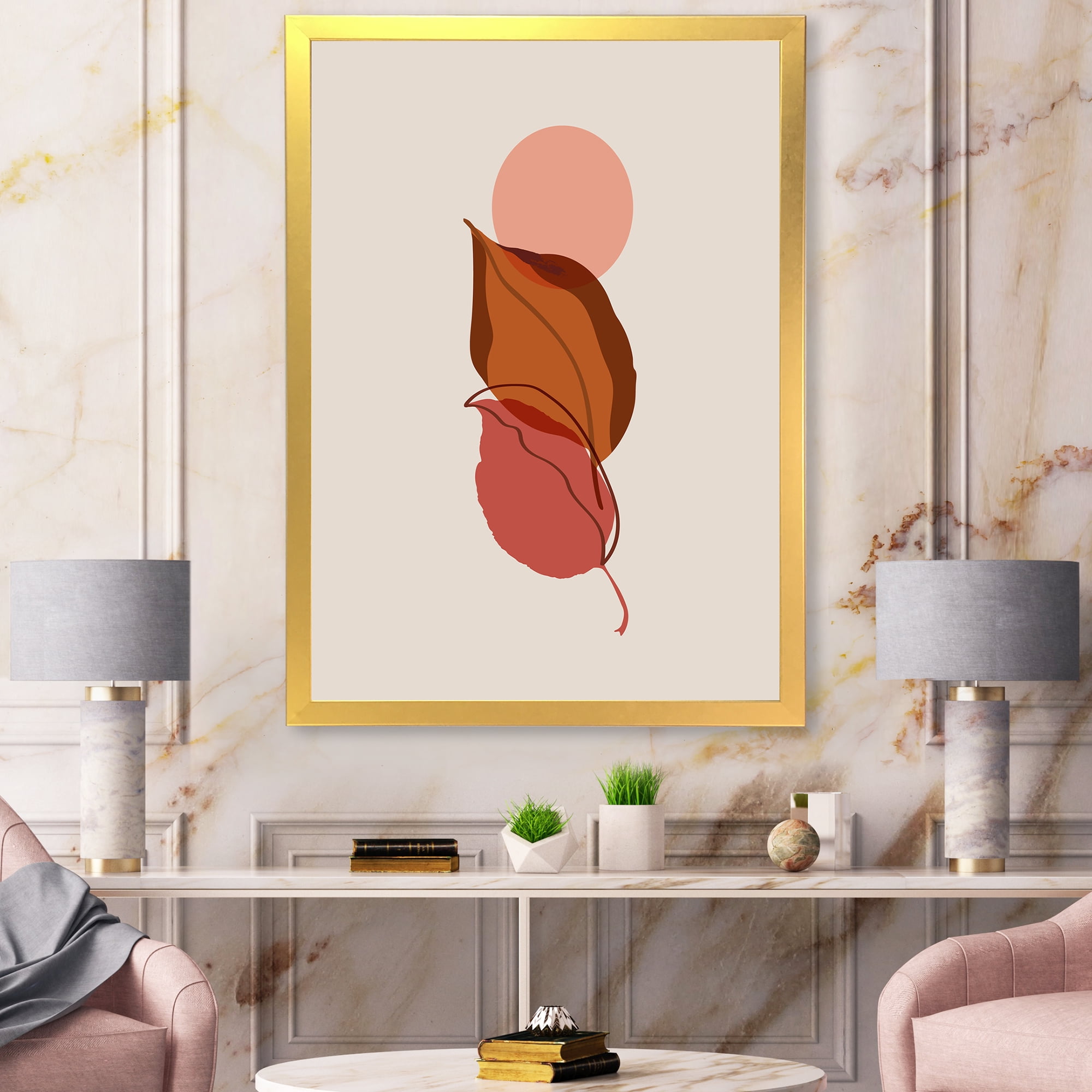Designart 'A Red Full Moon Over Two Autumn Leaves' Modern Framed Art Print