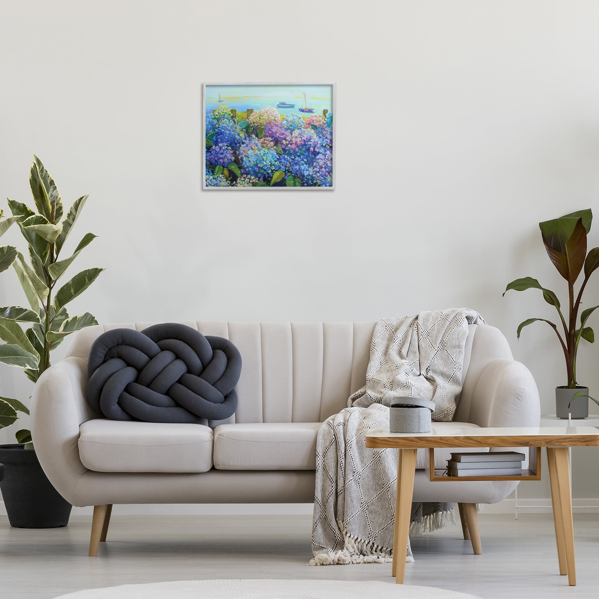 Stupell Industries Hydrangea By The Sea Landscape Painting Gray Framed Art Print Wall Art, 20 x 16
