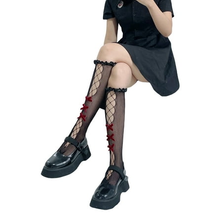 

Carolilly Women s Fishnet Knee High Socks Ruffled Edge Sweet Young Girls Long Stockings