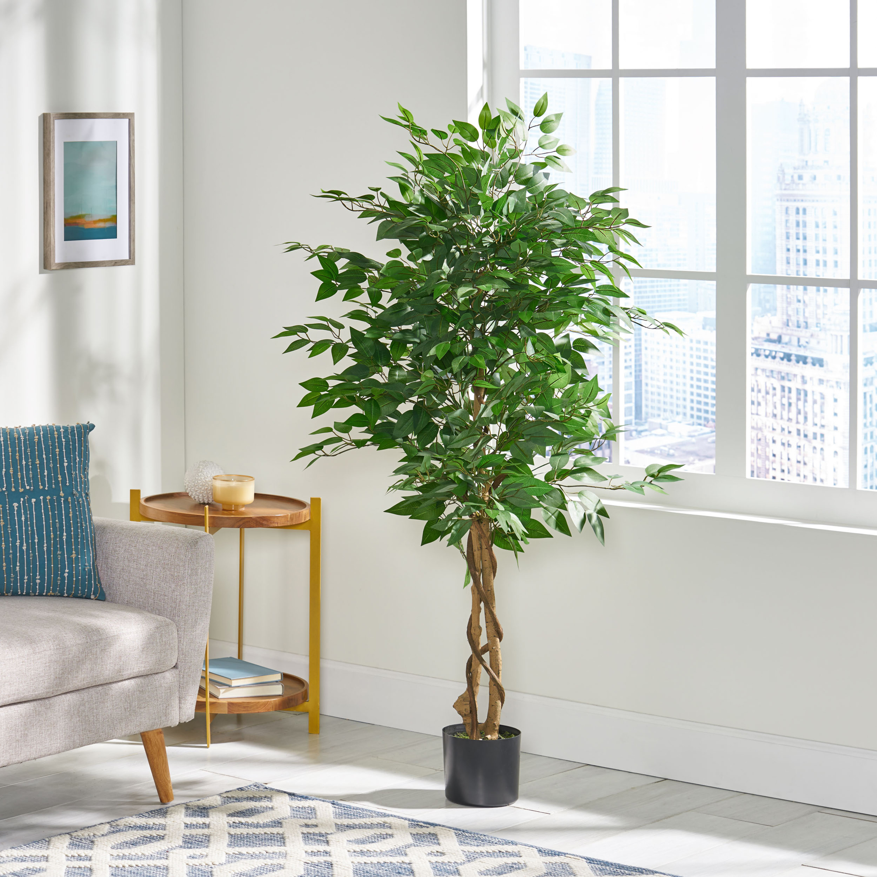 Euroco 4.9FT Artificial Ficus Tree with Realistic Leaves and Natural Trunk,Fake Ficus Tree with Nursery Pot for Home Office Living Room,Garden Decor