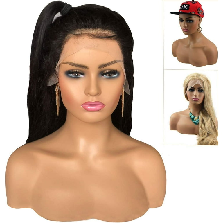 Realistic Female Mannequin Head with Shoulder Manikin PVC Head Bust Wig  Head Stand for Wigs Display Making,Styling,Sunglasses,Necklace Earrings,  Light Brown Color 