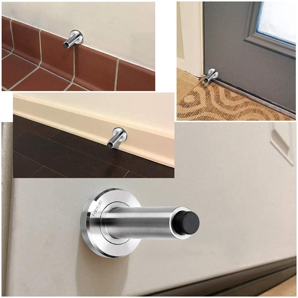 Sturdy Adjustable Door Stopper - Stainless Steel Modern Door Stop with Rubber Buffer, Wall Mounted Metal Doorstop with Hardware for Home Office, Silver