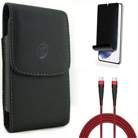 For Samsung Galaxy S21 (6.2") - Holster Leather Case Belt Clip   [Fingerprint Works] TPU Film Privacy Screen Protector   Charger Cord Type-C to USB-C 10ft PD Cable