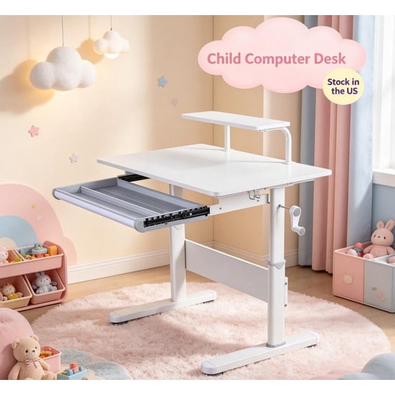 Fompes Child Computer Desk,Adjustable Height Kids Desk with Bookshelf Hutch,50-Degree Tiltable Desktop for Home School Use,White,39.4" x 23.7" x 33.5"