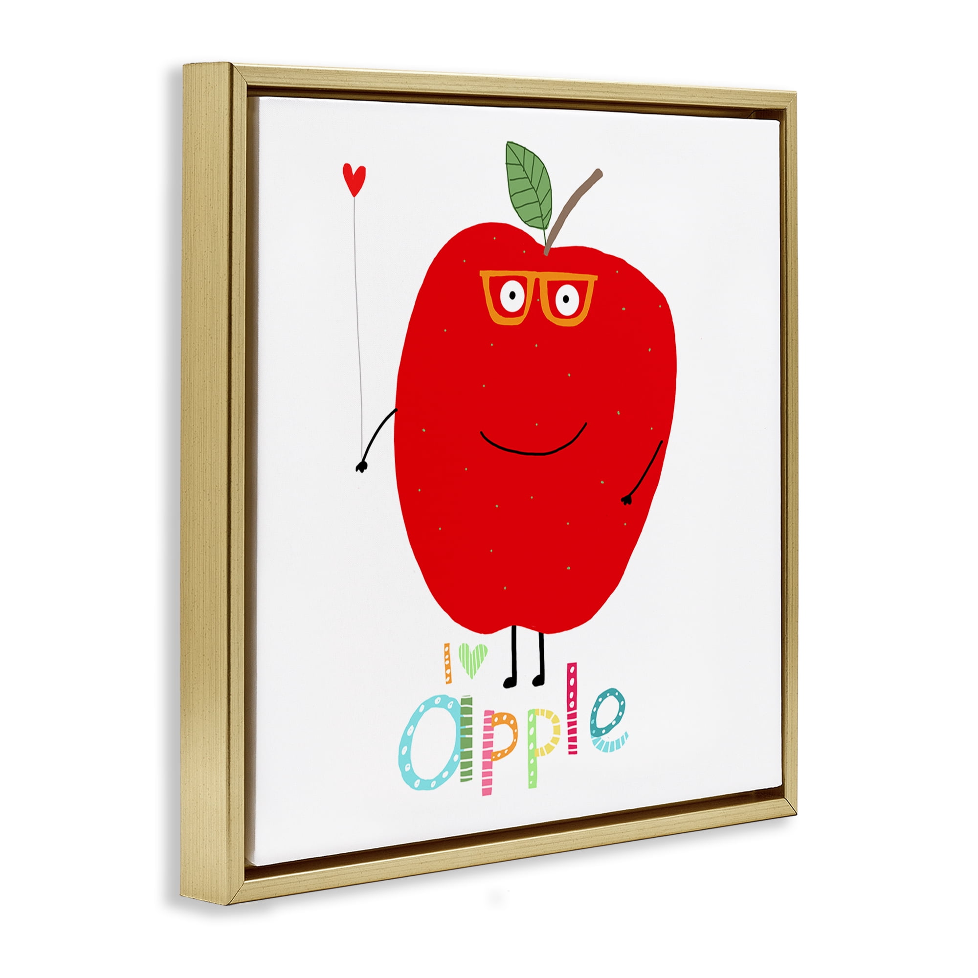 Stupell Industries Fun Smiling Apple Food & Beverage Painting Gold Floater Framed Canvas Art Print Wall Art, 18 x 18