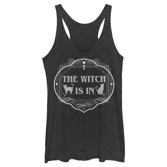 Women's Lost Gods Halloween The Witch Is In Cats  Racerback Tank Top Black Heather 2X Large