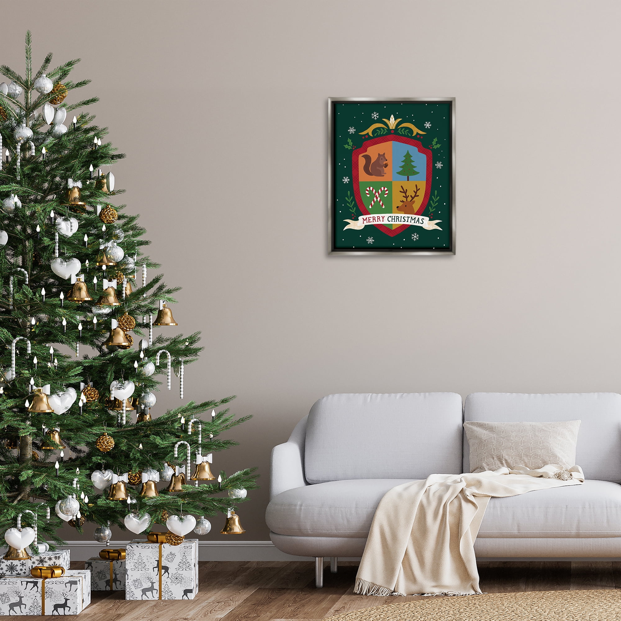 Stupell Industries Merry Christmas Woodland Crest Holiday Painting Gray Floater Framed Canvas Art Prints Wall Art, 25 x 31