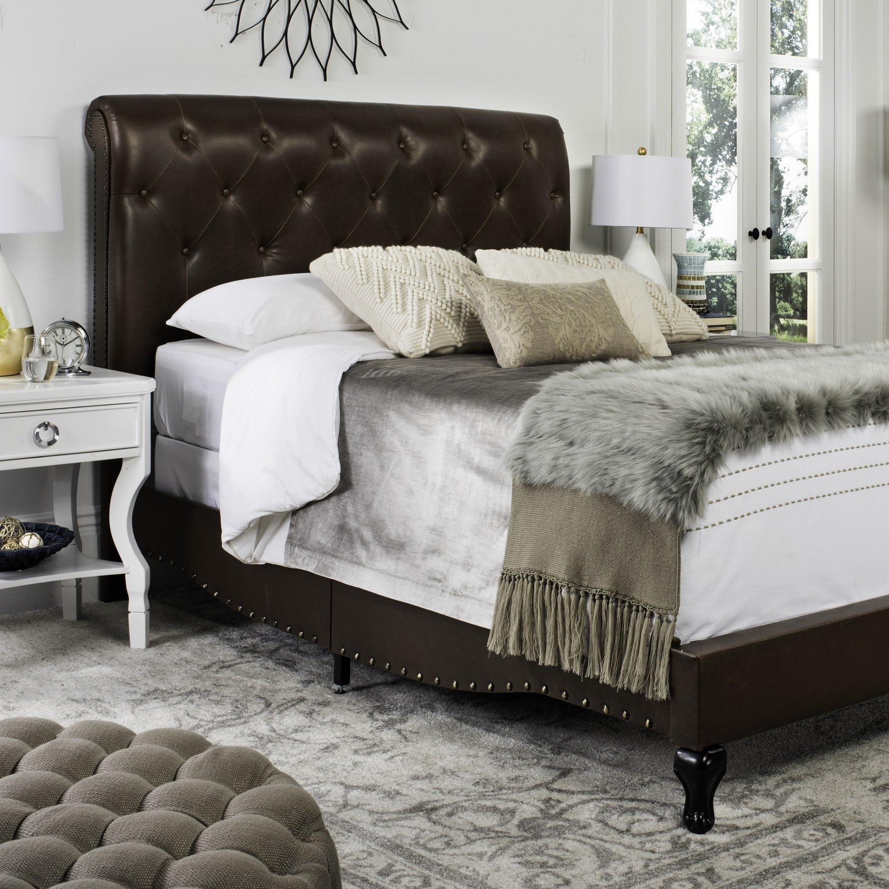 Safavieh Hathaway Modern Tufted Bed Frame with Nail Heads