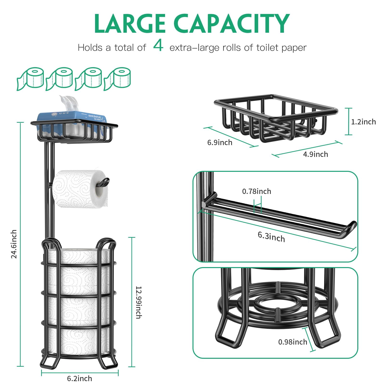 Toilet Paper Holder Toilet Paper Stand and Dispenser for 3 Spare Rolls Metal Wire Free-Standing Toilet Tissue Paper Roll Storage Shelf Bathroom Accessories Storage Organizer Black