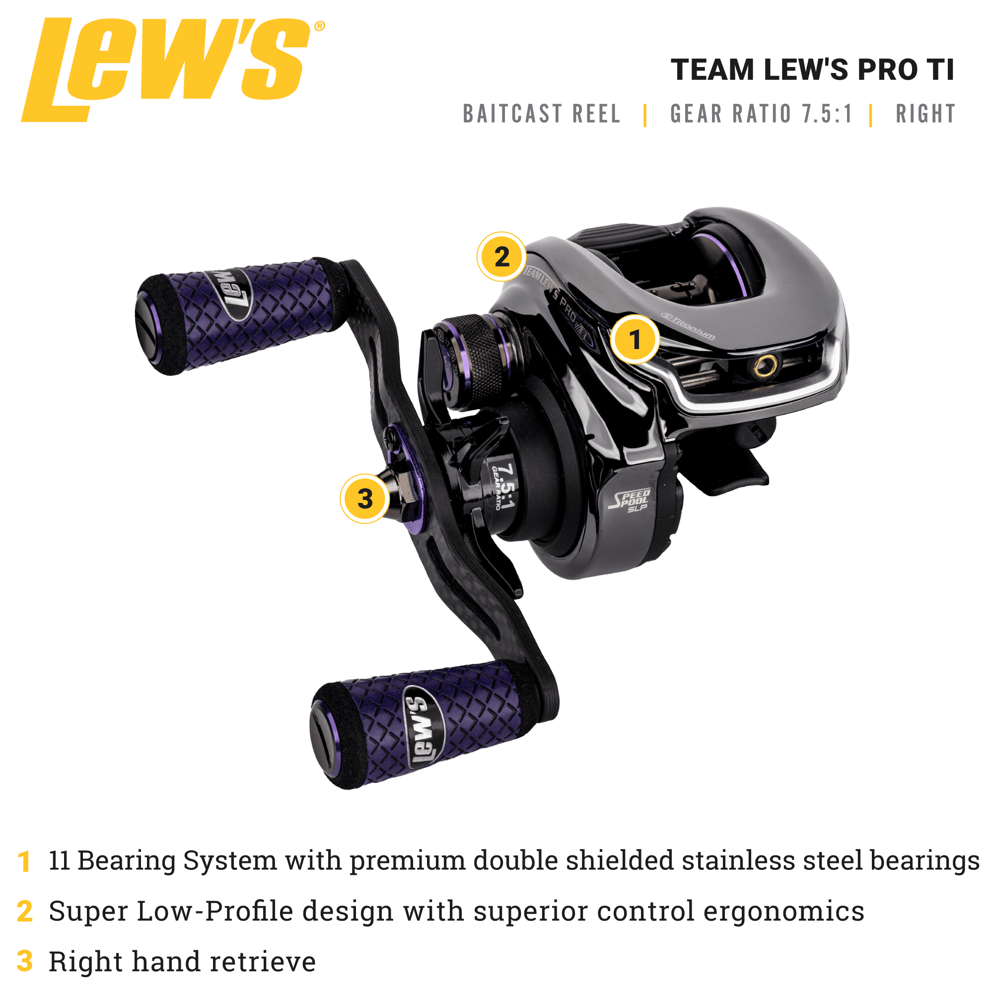 Lew's Team Lew's Pro-Ti Baitcast Reel, 10+1 Stainless Steel Ball Bearings,  7.5:1 Gear Ratio, Left-Hand Retrieve, Titanium Gray/Purple