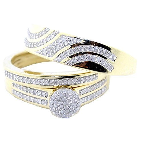 Bluebell Jewels 14K Yellow Gold Finish Round CZ Trio Trio Wedding Ring Set for Couple