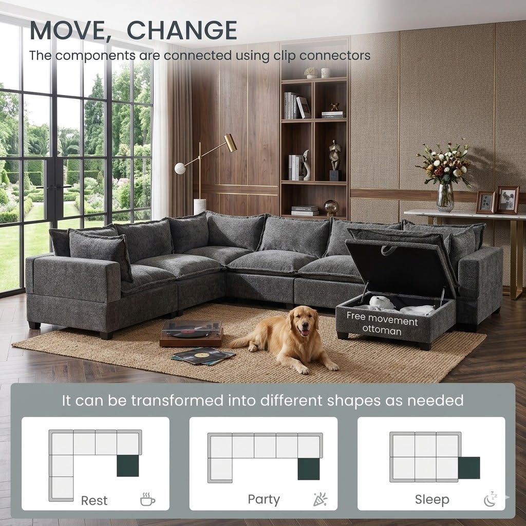 Howcool 118" Modular Sectional Sofa with Corner Seat and Movable Ottoman, Deep Seat Cloud Couch,7-Seat Living Room Set, Greyt,Grey