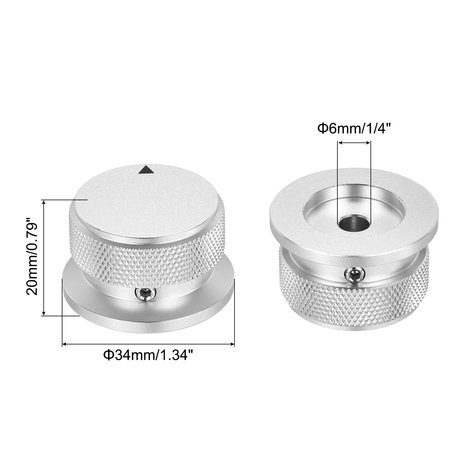 2 Pcs Aluminium Potentiometer Knobs, 1/4" (6mm) Universal Volume Tone Control Knobs with Arrow Indicator, 4/5" Silver(34x20mm)