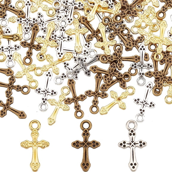 1 Box 120Pcs Easter Holiday Cross Charms Bulk Gold Cross Charm Silver Tibetan Rosary Holiday Small Center Crosses Dangle Charm for Jewelry Making Charms DIY Necklace Earring Adults Craft