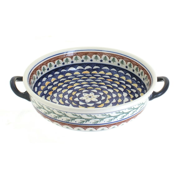 Blue Rose Polish Pottery Evergreen Round Casserole with Handles