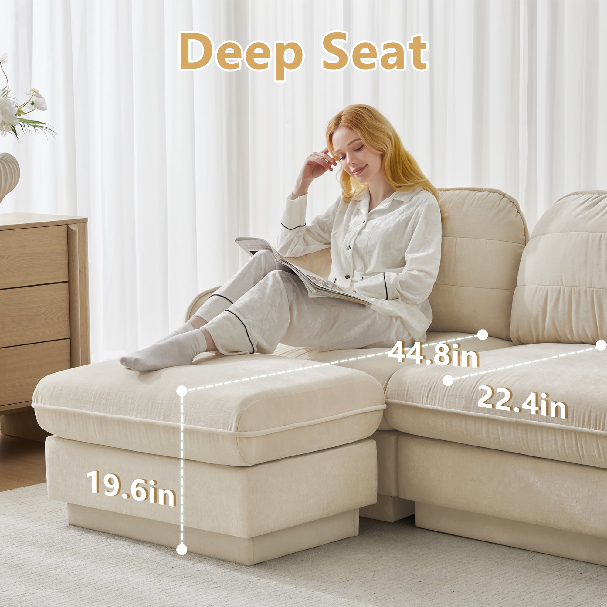 Chenille Modular Sofa with Ottoman, 3-Seater Deep Seat Cloud Couch, Convertible Sectional Sofa with Quilted Cushions & Round Pillows, Modern Sofa for Living Room, Apartment,Beige