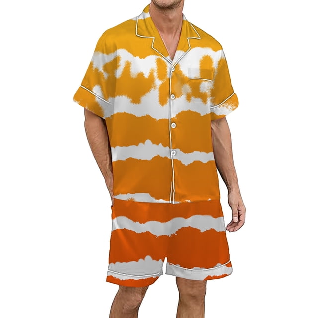 Men's Gradient Printed Satin Short Sleeve Button Up Pajama Loungewear Set for Comfortable Sleep and Relaxation at Home