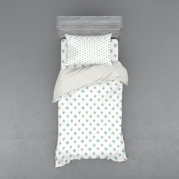 Pastel Duvet Cover Set, Abstract Round Motifs of Brush Strokes, Bedding Set with Shams and Fitted Sheet, 3 Sizes, by Ambesonne