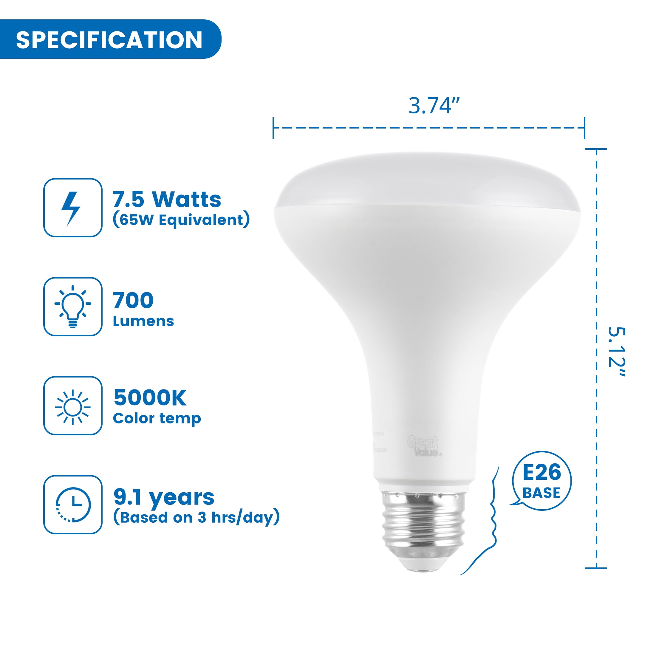 Great Value BR30 LED 7.5W (65W Equivalent) Daylight E26 Medium Base Floodlight Bulbs, Dimmable, 16 Pack