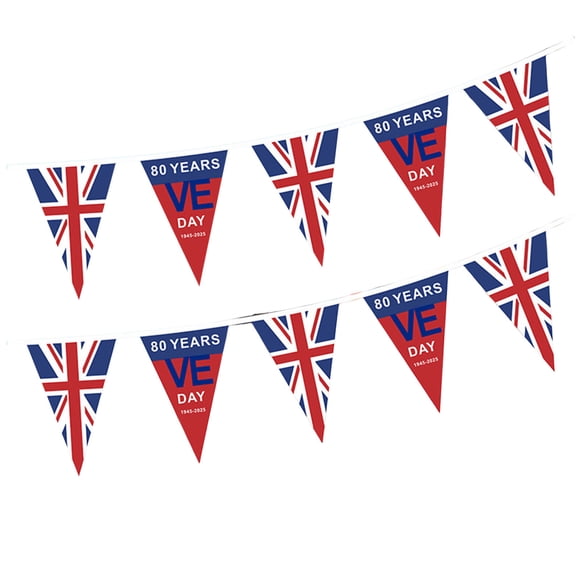 Binwennn 32.8ft Length 2025 VE Day 80th Bunting Banner 80 Years In Europe Bunting Flag Anniversary Ve Day 80th Anniversary Decorations Ve Day Bunting Ve Day Flag 10m Length Ve Flag Flags Expansion