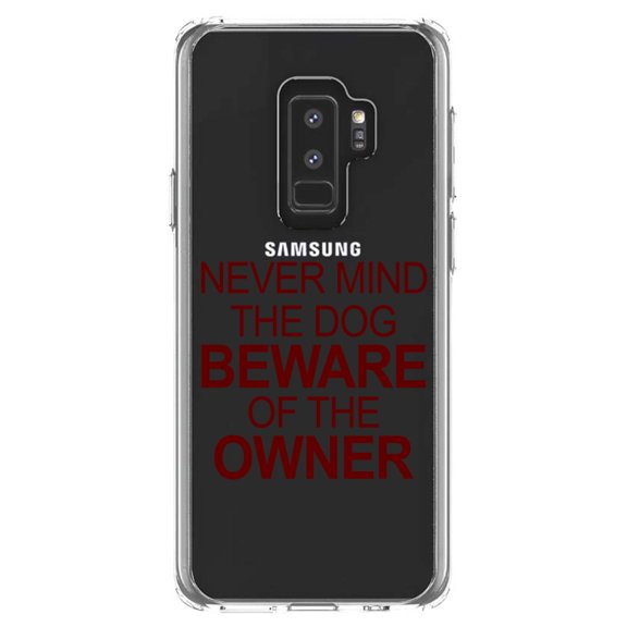 DistinctInk Clear Shockproof Hybrid Case for Samsung Galaxy S9  PLUS (6.2" Screen) - TPU Bumper Acrylic Back Tempered Glass Screen Protector - Never Mind the Dog, Beware the Owner
