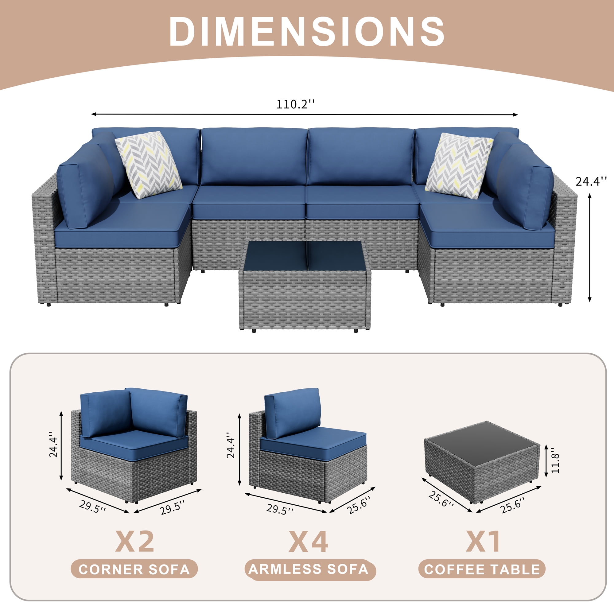Walsunny 7 Pieces Patio Conversation Set, All-Weather Rattan Wicker Patio Furniture Sets with 6 Chairs and 1 Coffee Table, Washable Couch Cushions,Sliver Rattan Navy Blue Cushions