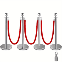 4 Pack Stanchion Poles with 3 Red Velvet Ropes, 5ft Crowd Control Barriers for Red Carpet Events, Casino Theme Parties Decoration, and Indoor/Outdoor Use
