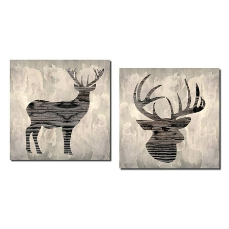 - Beautiful Contemporary Deer and Buck Silhouette; Lodge and Cabin Decor; Two 12x12in Prints. Brown/Black