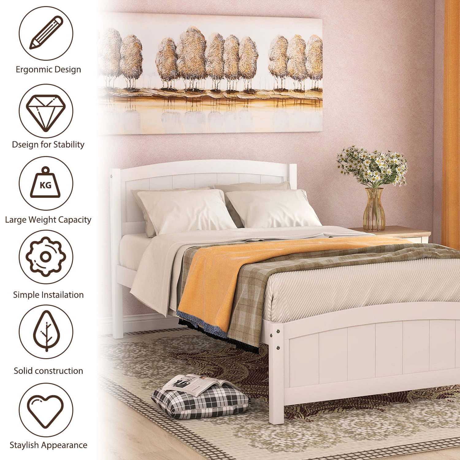 Aukfa Solid Wood Bed Frame, Twin Platform Bed with Headboard, White