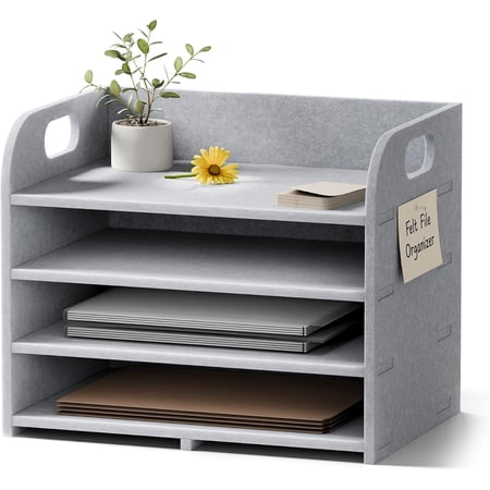 4-Tier Felt File Organizer with Carry Handles Soft Gray | Desk Paper Sorter for Documents and Folders Easy Assembly Portable Storage for Offices or Classrooms