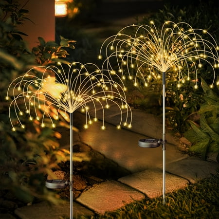 Rirool 2 Pack Solar Garden Lights, 120 LED Solar Firework Lights for Pathway, Yard, Party, Christmas Decor, Warm White, IP65 Waterproof, DIY Copper Wire, Auto On/Off